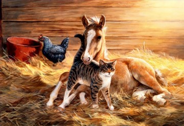  Gato Arte - caballo, gato, gallina, en, granero
